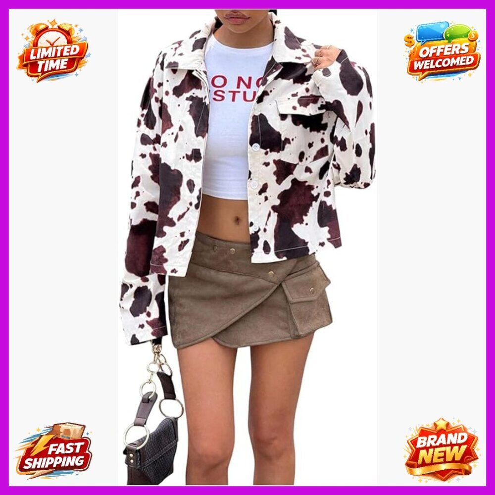 Plus Size Cow Print Button Down Jacket Long Sleeve Casual Outerwear